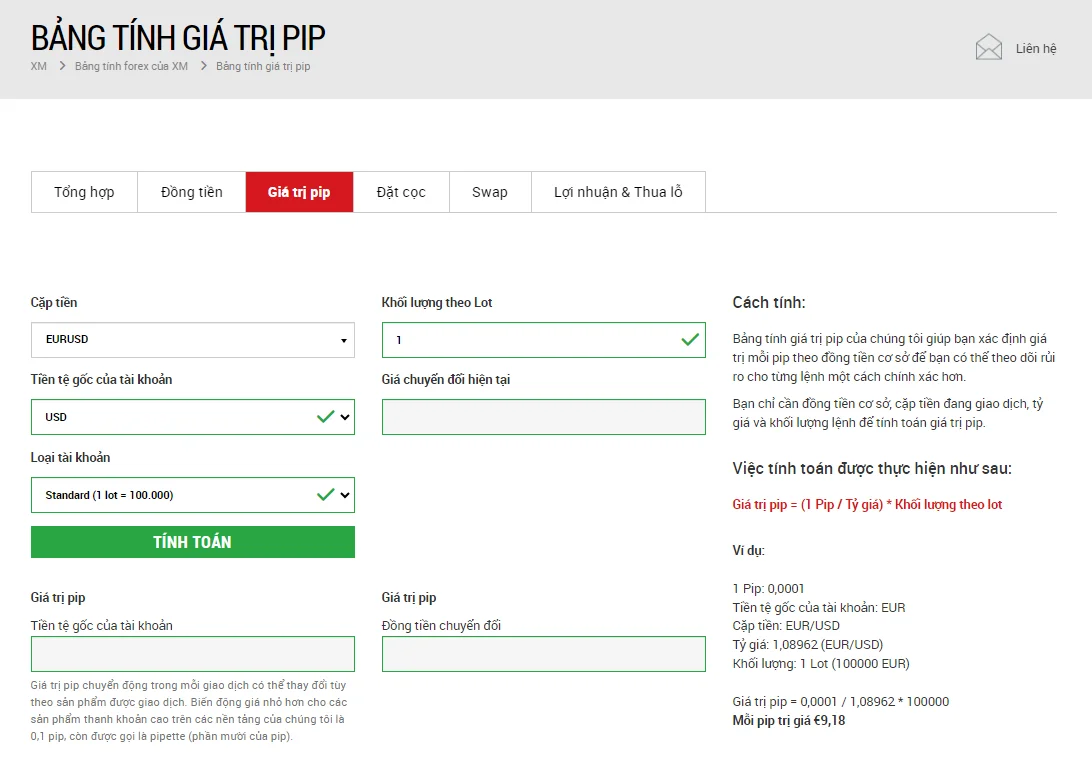 công cụ tính toán Forex của XM 3