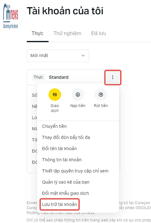 Tài khoản giao dịch được lưu trữ Exness